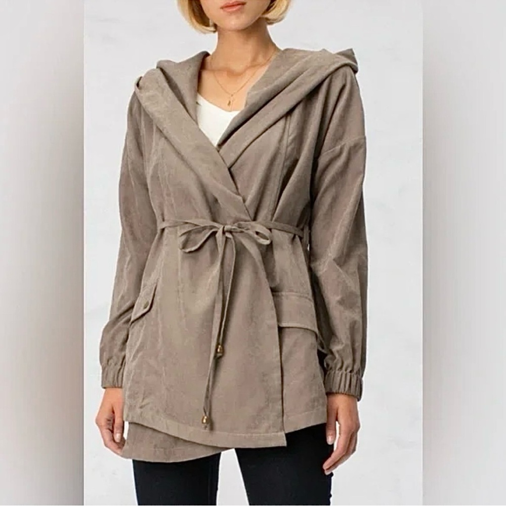 Hyfve Women Faux Suede Hooded Jacket in Olive Green Size Large